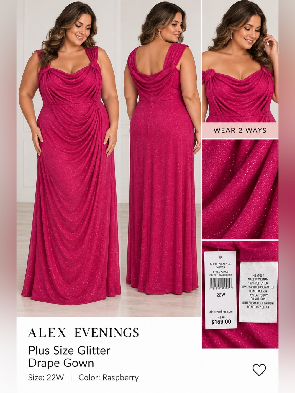 Alex Evenings Raspberry Glitter Draped Formal Evening Gown NWT
